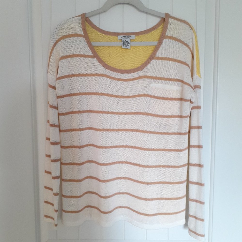 Jamison Linen Blend Scoop Neck Striped Sweater Off White Yellow Size M